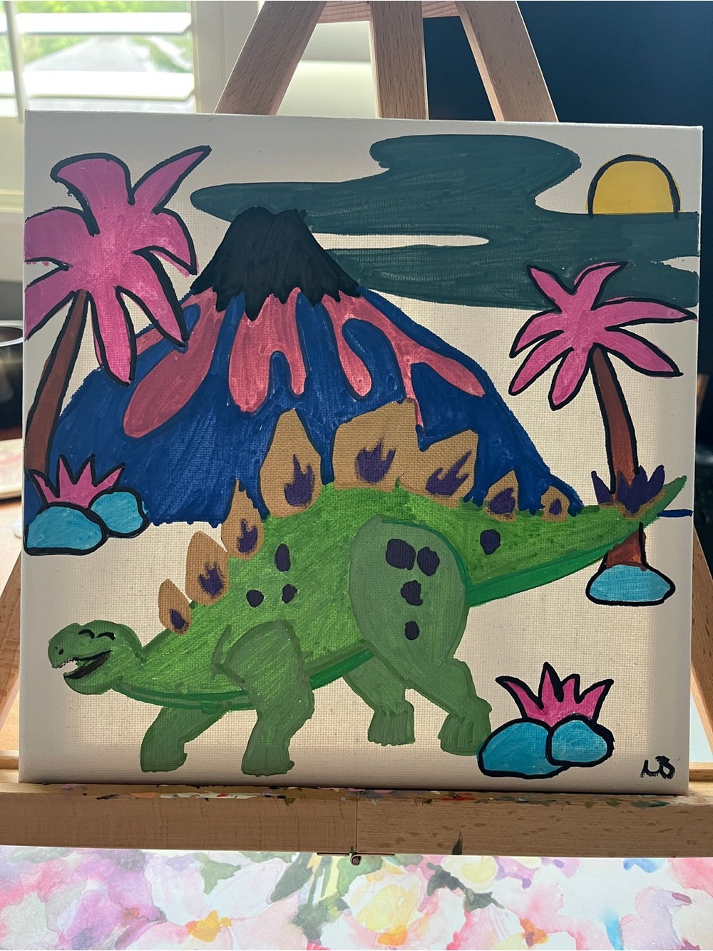Handmade by me acrylic on canvas whimsical green and pink dinosaur framed